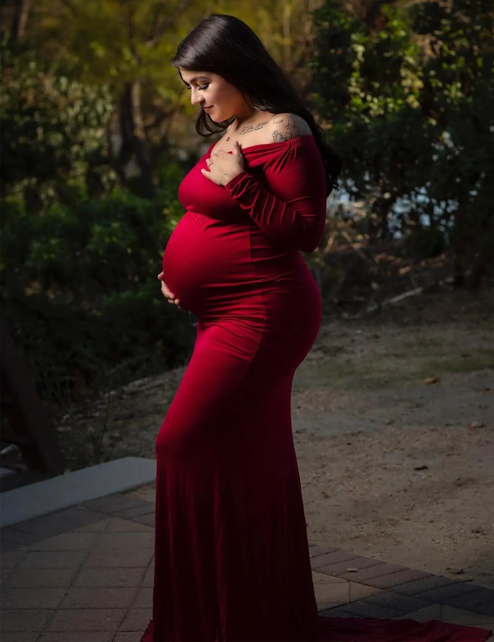 JustVH Maternity Elegant Fitted Maternity Gown Long Sleeve Cross-Front V Neck Slim Fit Maxi Photography Dress for Photoshoot