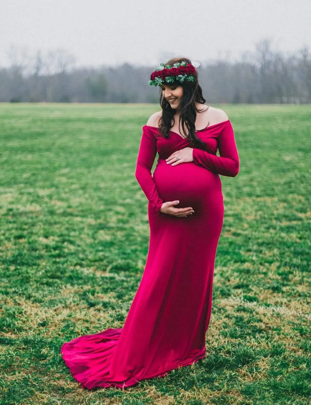 JustVH Maternity Elegant Fitted Maternity Gown Long Sleeve Cross-Front V Neck Slim Fit Maxi Photography Dress for Photoshoot