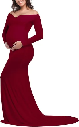 JustVH Maternity Elegant Fitted Maternity Gown Long Sleeve Cross-Front V Neck Slim Fit Maxi Photography Dress for Photoshoot
