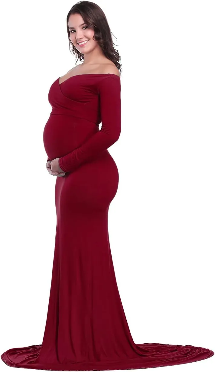 JustVH Maternity Elegant Fitted Maternity Gown Long Sleeve Cross-Front V Neck Slim Fit Maxi Photography Dress for Photoshoot