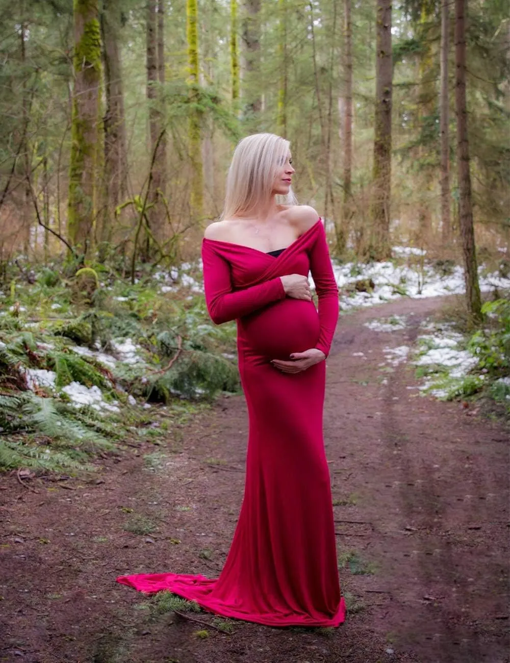JustVH Maternity Elegant Fitted Maternity Gown Long Sleeve Cross-Front V Neck Slim Fit Maxi Photography Dress for Photoshoot