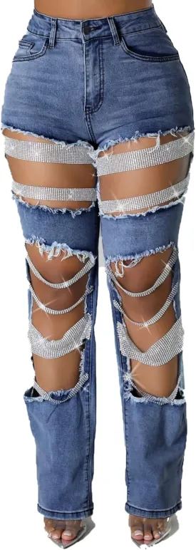 LETSVDO Women's Sexy Ripped Jeans High Waist Distressed Rhinestone Pearl Chains Stretch Denim Pants Clubwear