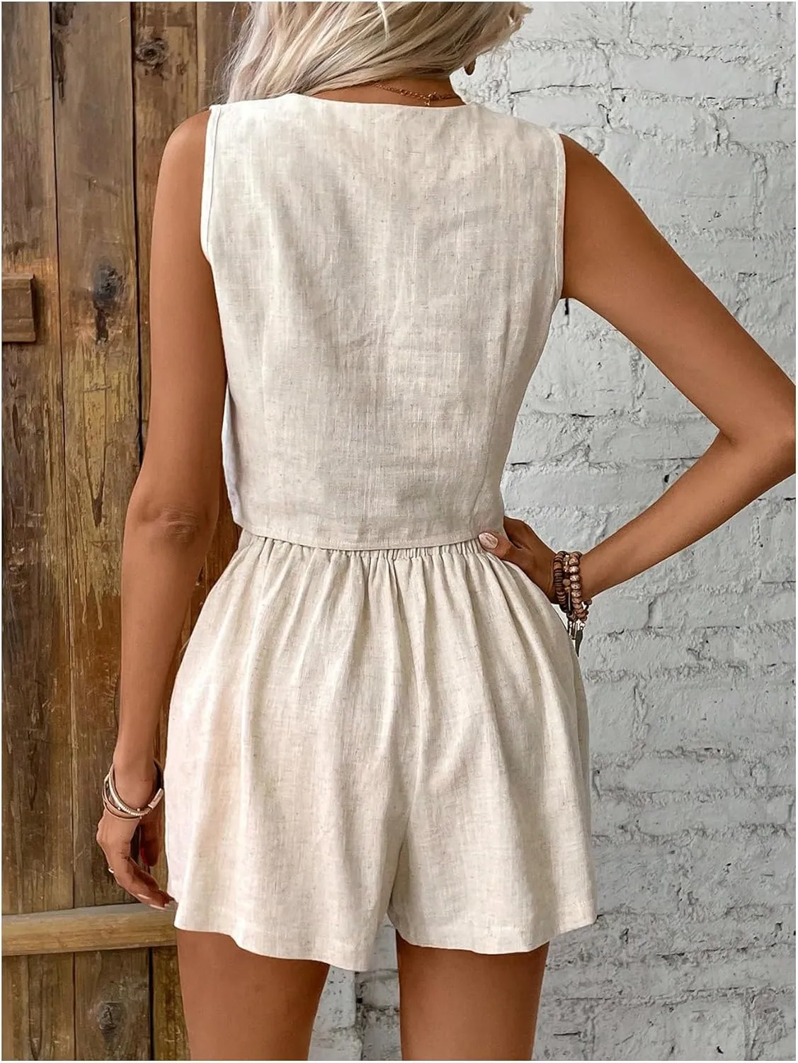 MakeMeChic Women's 2 Piece Outfits Button Down V Neck Sleeveless Vest Blazer and Shorts Suit Sets