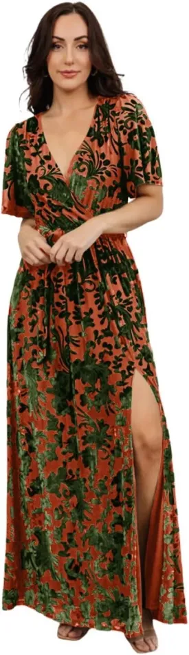 Maxianever Velvet Maxi Dresses for Women Floral Short Sleeve V Neck Long Wedding Guest Gown with Slit