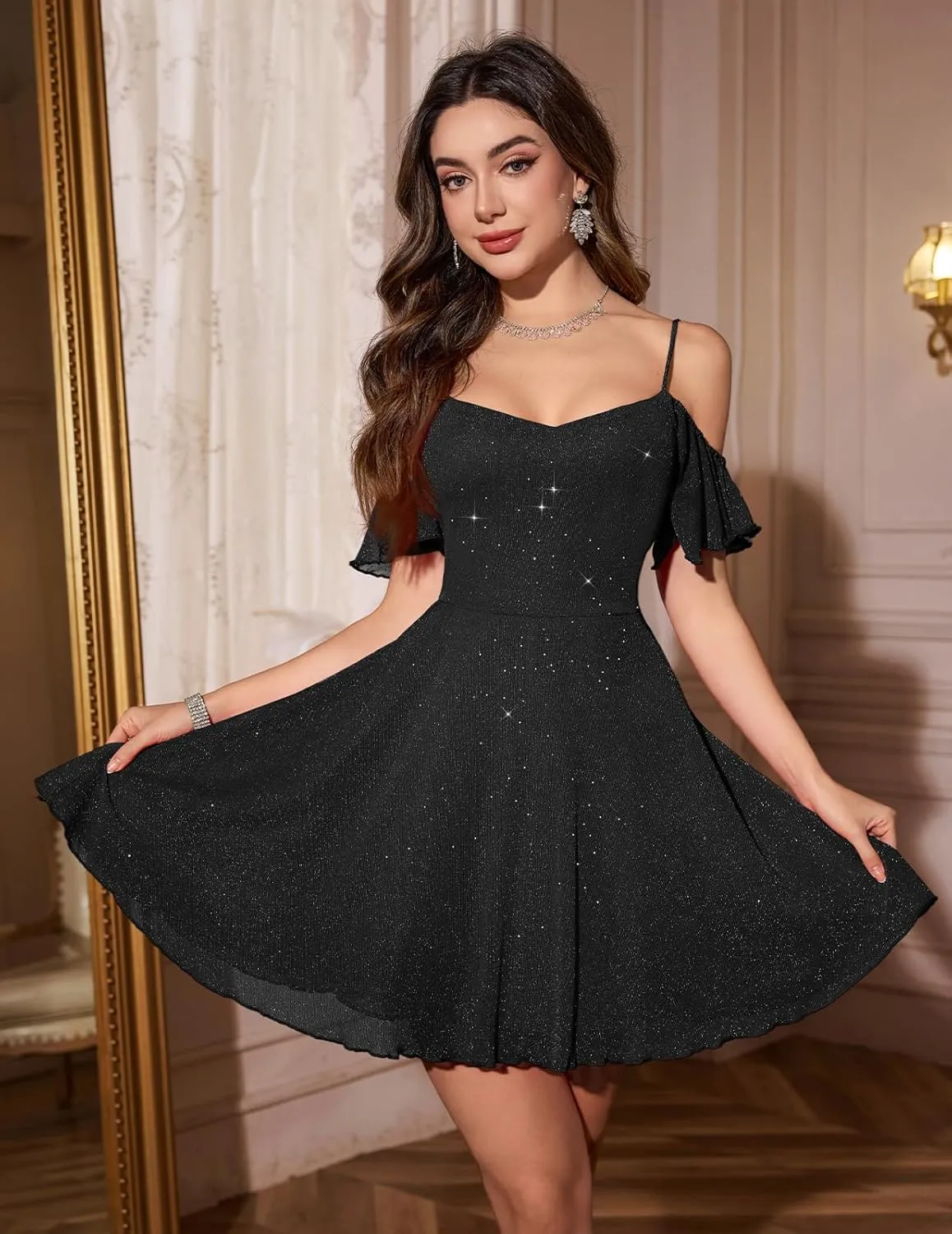 Meetjen Women's Sparkly Off Shoulder Prom Dress 2025 A line Tulle Spaghetti Straps Short Cocktail Dresses