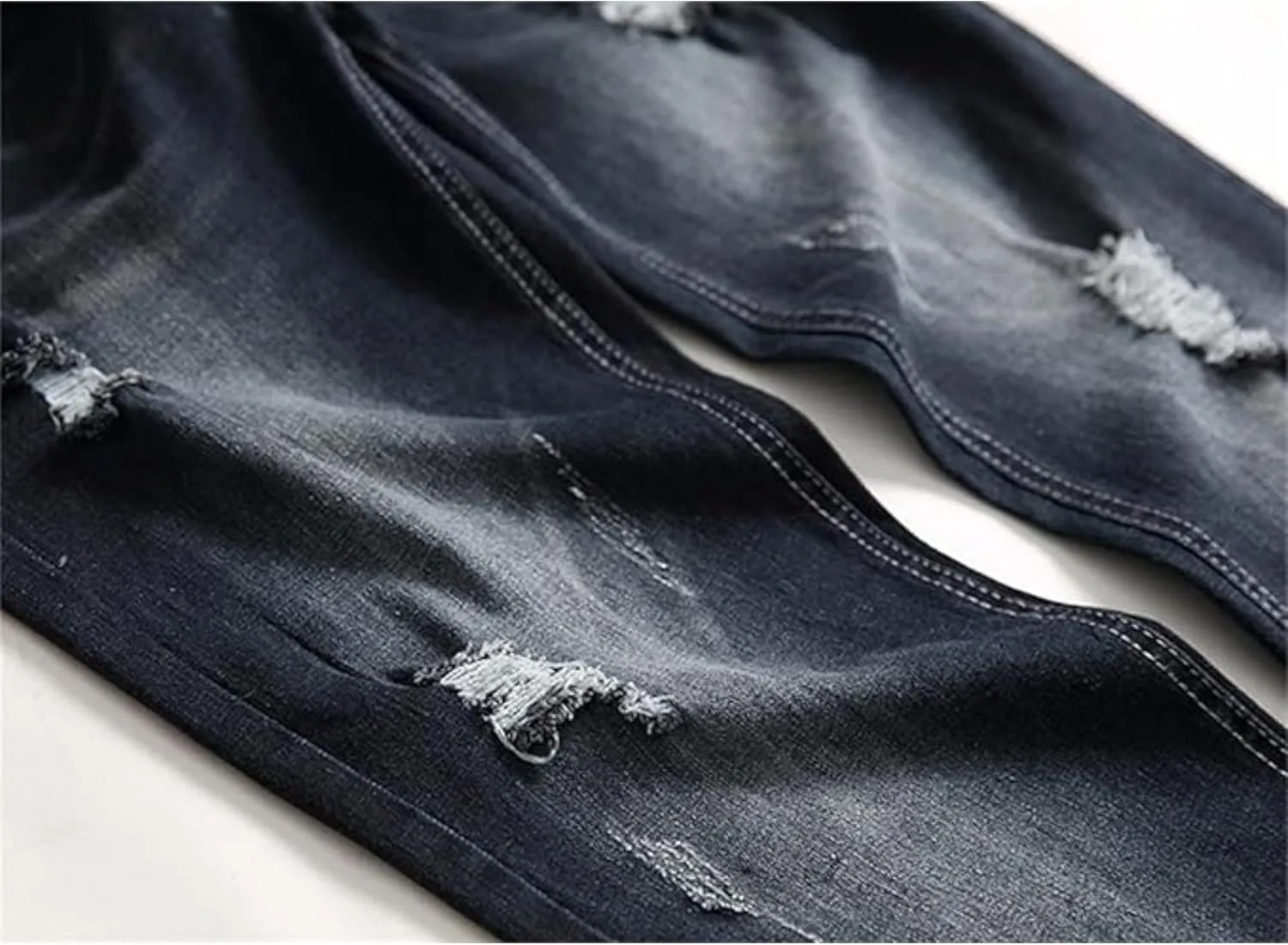Men's Ripped Straight Leg Moto Jeans Hip Hop Washed Jean Trousers Denim Distressed Slim Fit Denim Pants