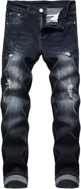 Men's Ripped Straight Leg Moto Jeans Hip Hop Washed Jean Trousers Denim Distressed Slim Fit Denim Pants