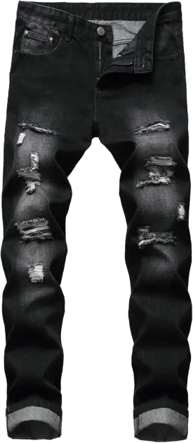 Men's Ripped Straight Leg Moto Jeans Hip Hop Washed Jean Trousers Denim Distressed Slim Fit Denim Pants
