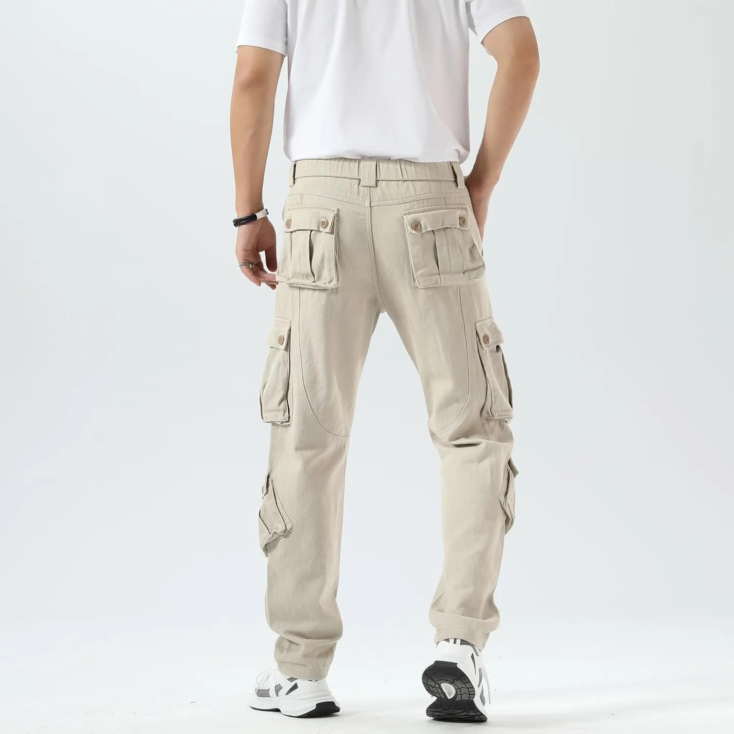 Plaid&Plain Cargo Pants for Men - Straight Fit with Extra Storage and Drawstring Tie