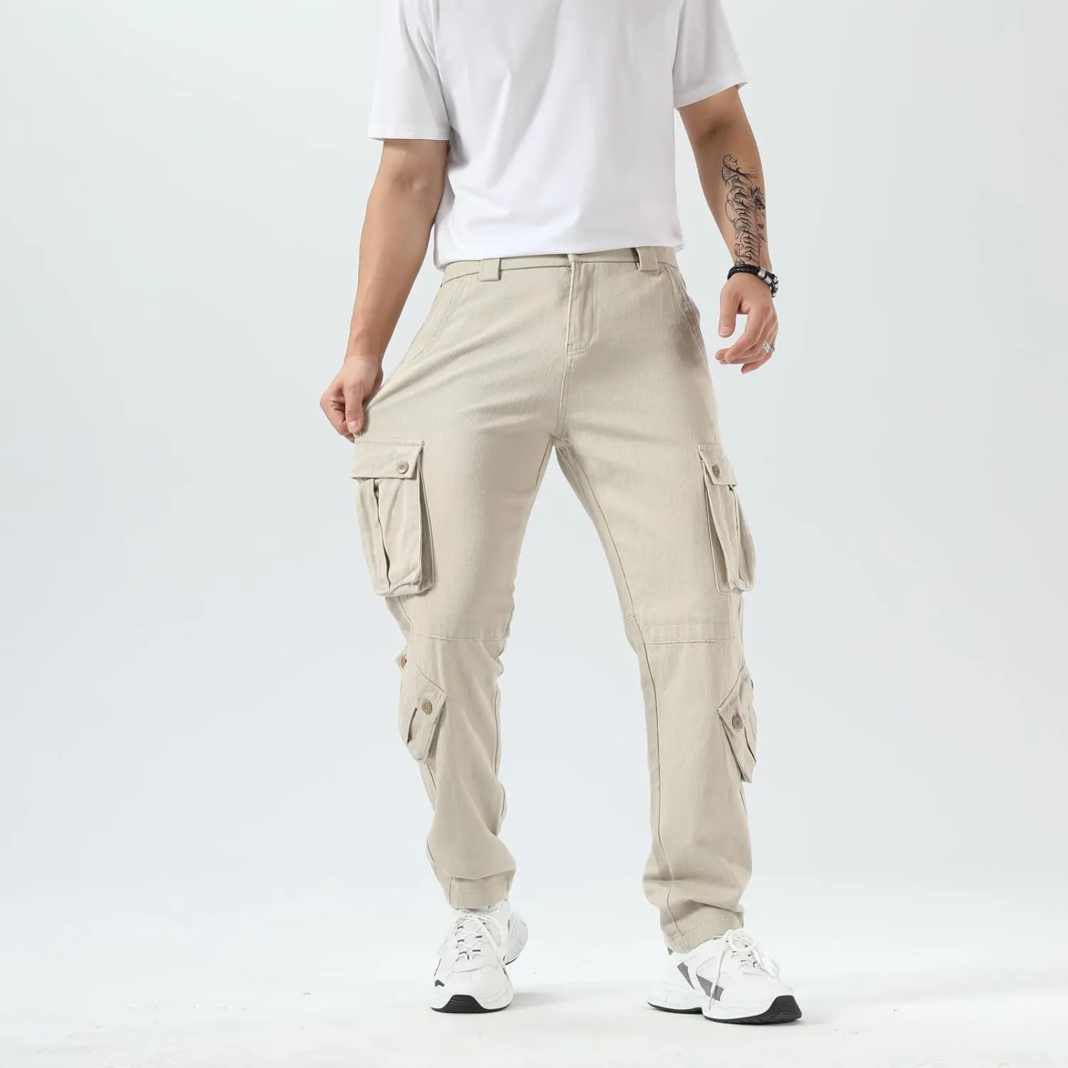 Plaid&Plain Cargo Pants for Men - Straight Fit with Extra Storage and Drawstring Tie
