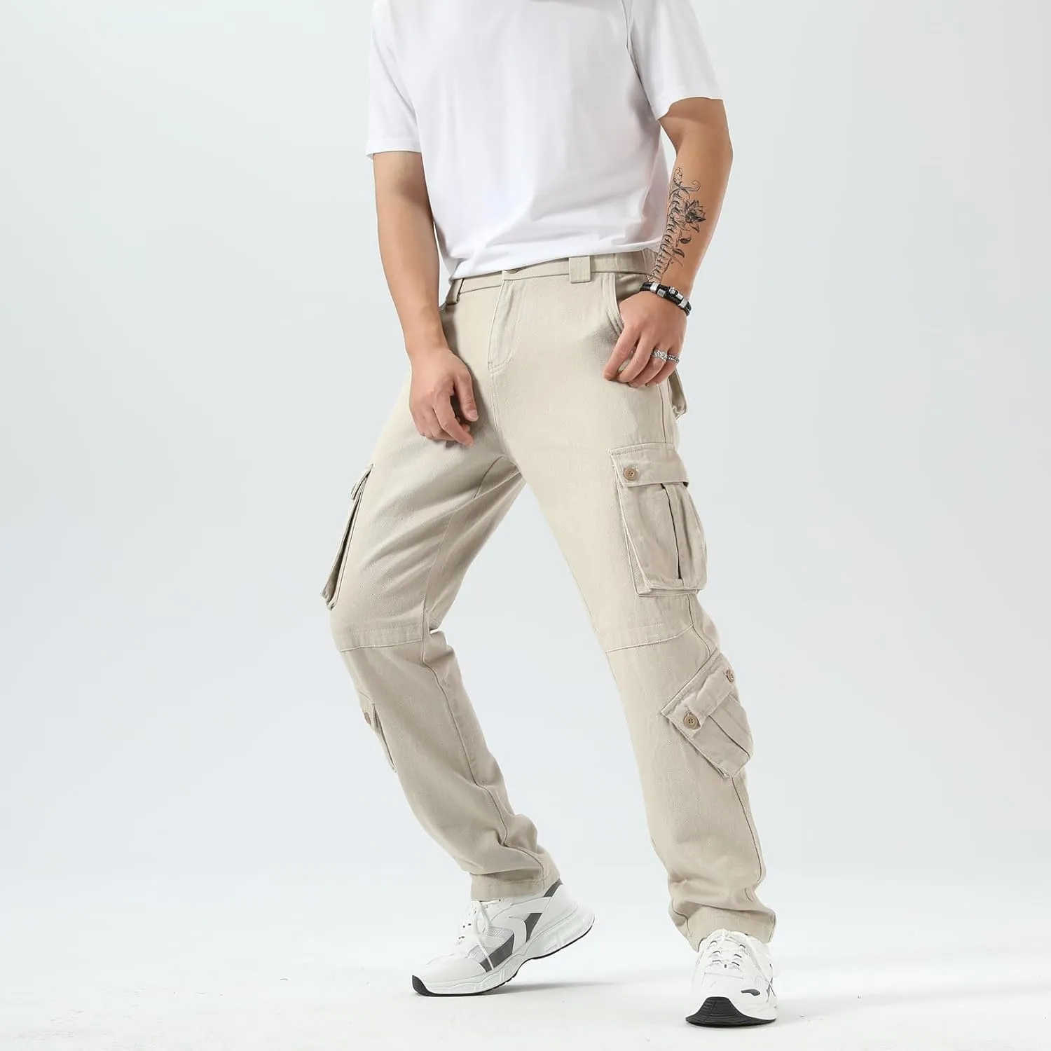Plaid&Plain Cargo Pants for Men - Straight Fit with Extra Storage and Drawstring Tie