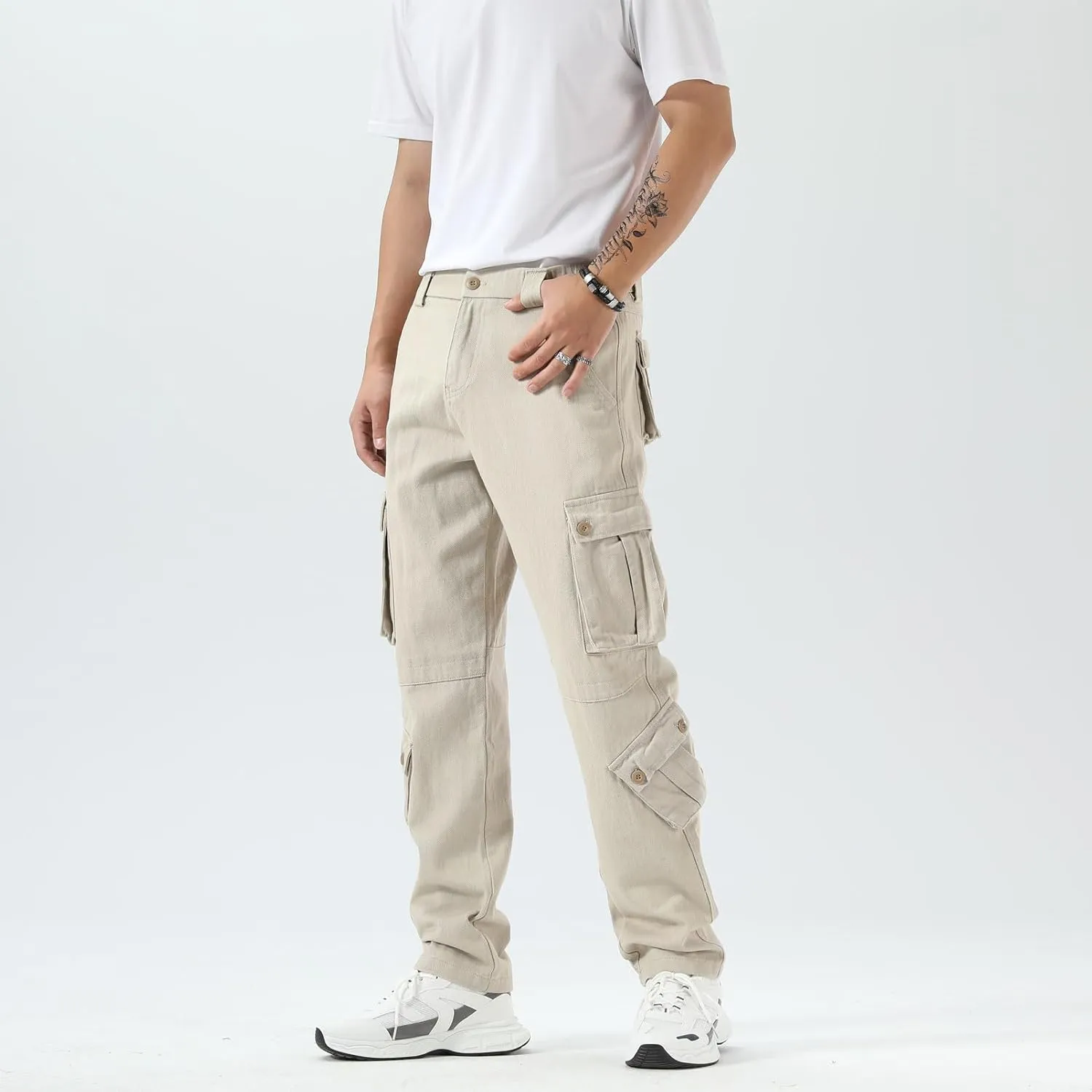 Plaid&Plain Cargo Pants for Men - Straight Fit with Extra Storage and Drawstring Tie