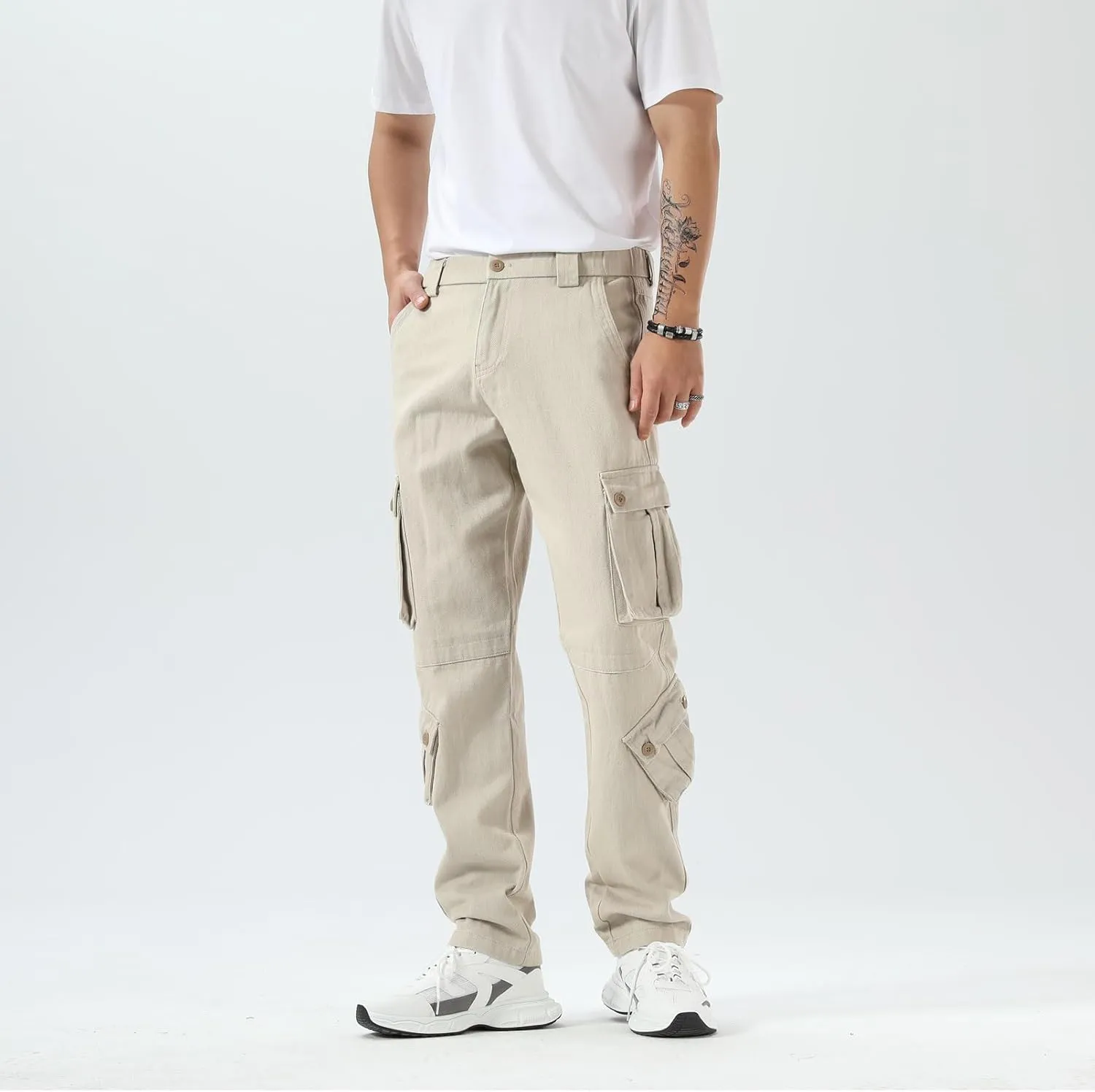 Plaid&Plain Cargo Pants for Men - Straight Fit with Extra Storage and Drawstring Tie