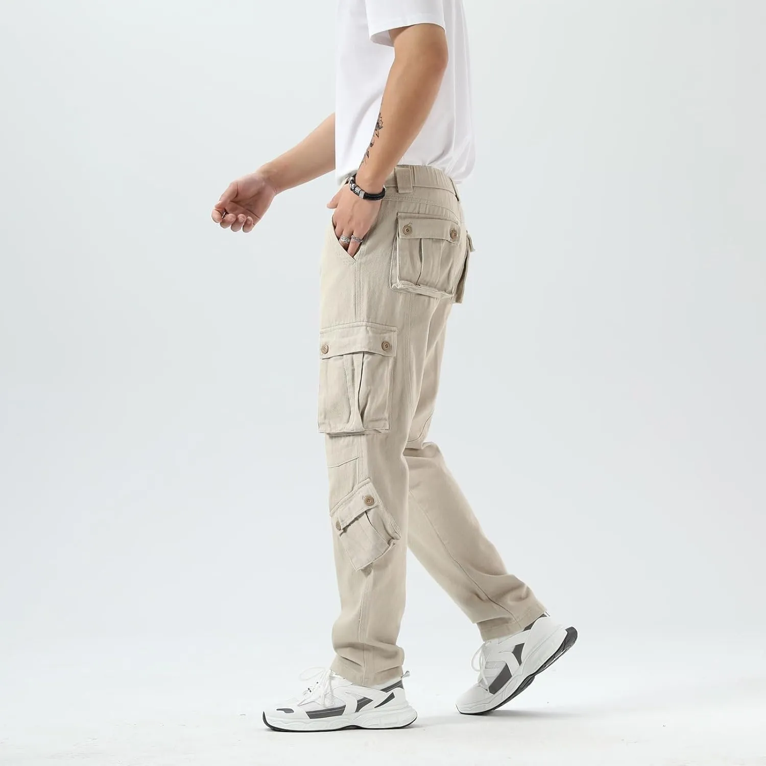 Plaid&Plain Cargo Pants for Men - Straight Fit with Extra Storage and Drawstring Tie