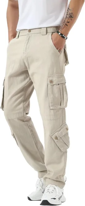 Plaid&Plain Cargo Pants for Men - Straight Fit with Extra Storage and Drawstring Tie
