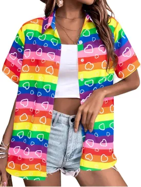 Pride Outfits for Women LGBT Shirts - Rainbow Graphic Tees Inspirational V Neck T-Shirt Short Sleeve Button up Tops