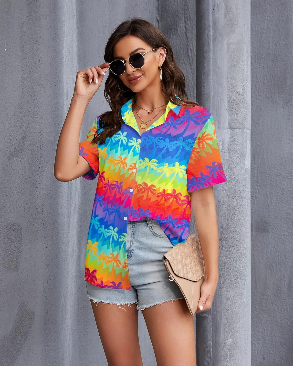 Pride Outfits for Women LGBT Shirts - Rainbow Graphic Tees Inspirational V Neck T-Shirt Short Sleeve Button up Tops