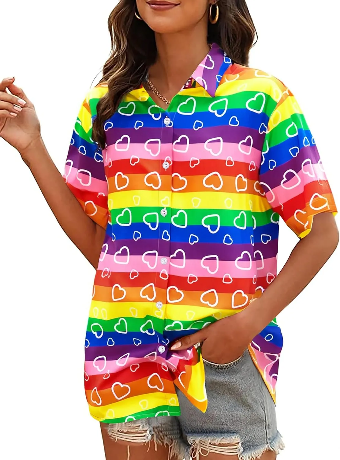 Pride Outfits for Women LGBT Shirts - Rainbow Graphic Tees Inspirational V Neck T-Shirt Short Sleeve Button up Tops