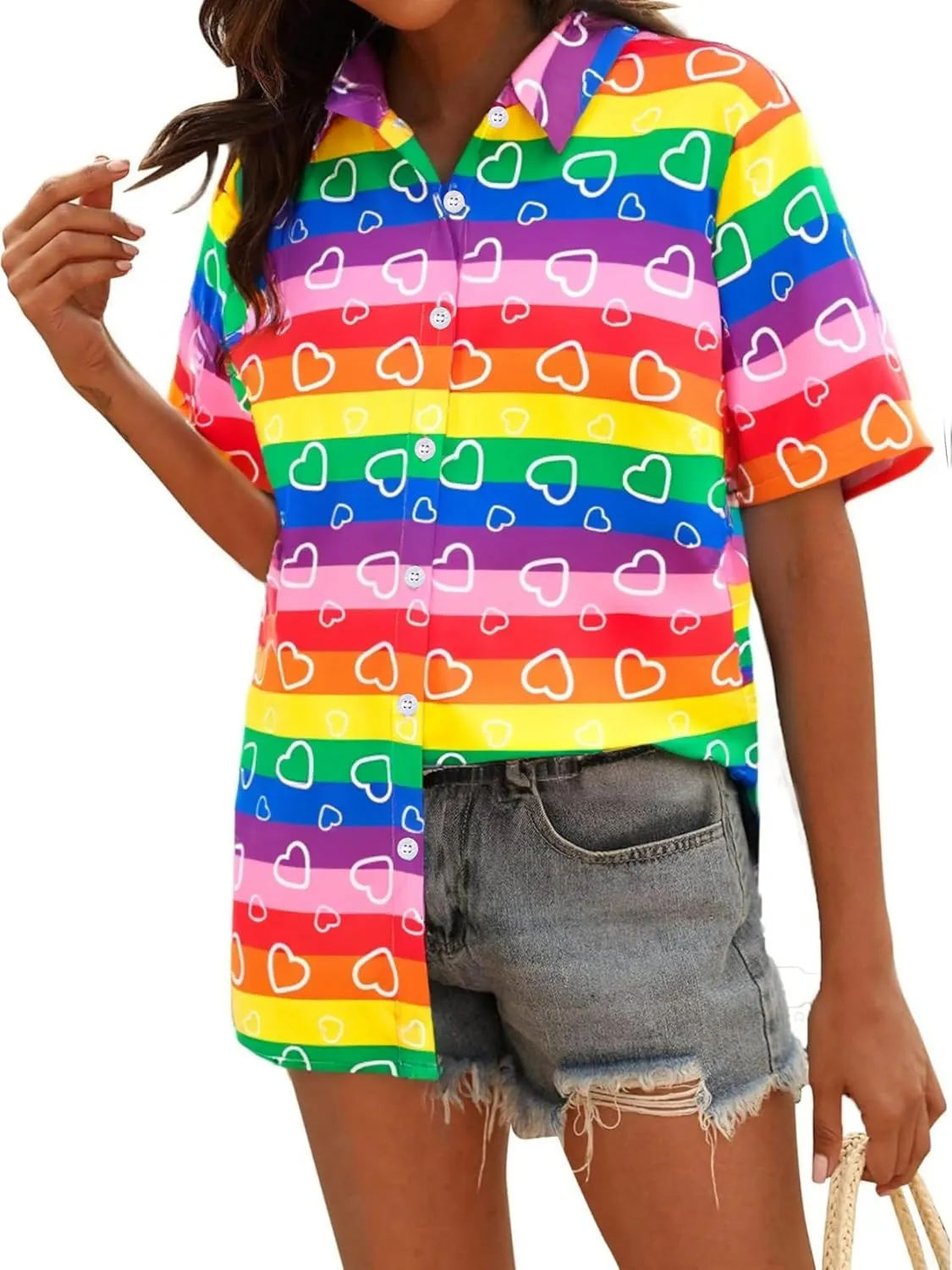 Pride Outfits for Women LGBT Shirts - Rainbow Graphic Tees Inspirational V Neck T-Shirt Short Sleeve Button up Tops