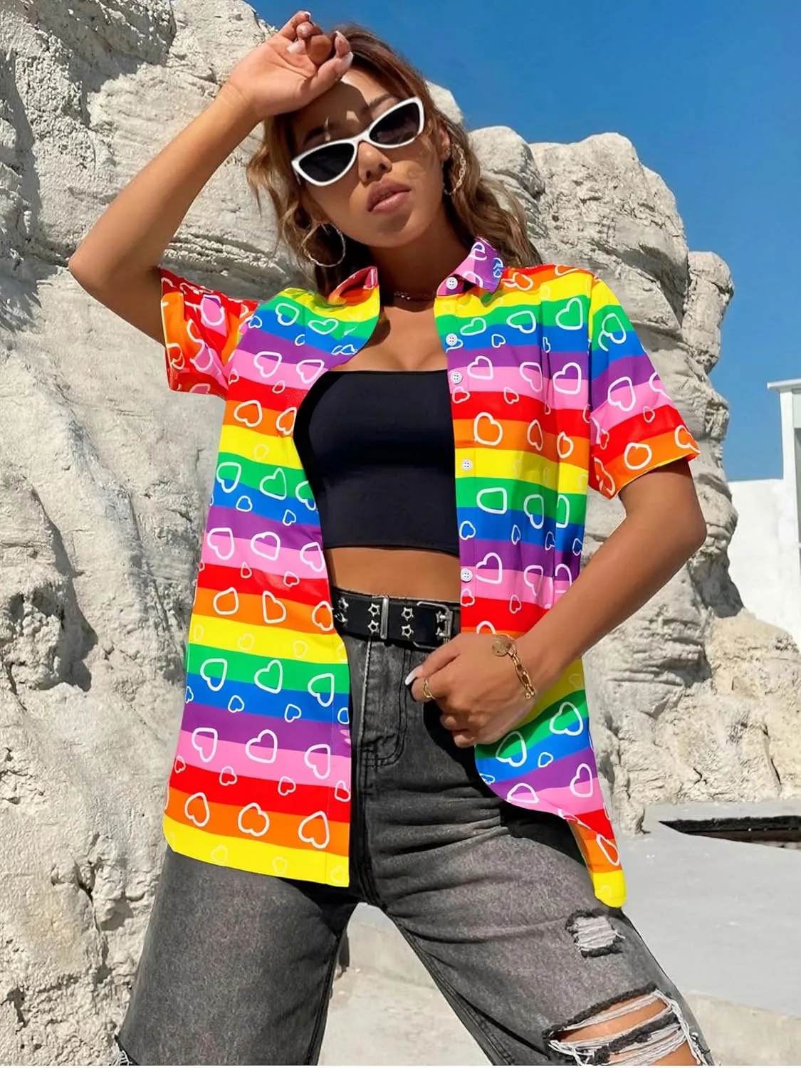Pride Outfits for Women LGBT Shirts - Rainbow Graphic Tees Inspirational V Neck T-Shirt Short Sleeve Button up Tops