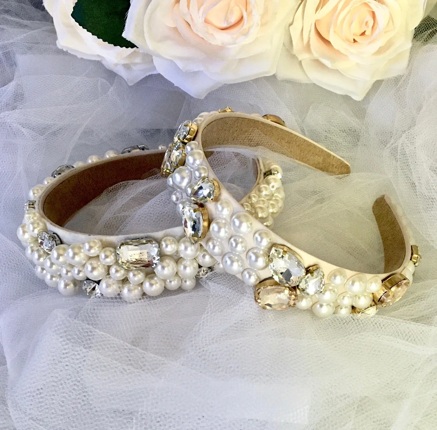 "Karolina" - Pearl and Rhinestone Embellished Bridal Headband - Available in Gold and Silver