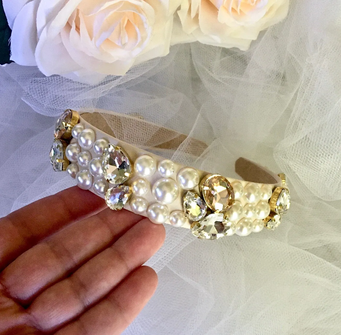 "Karolina" - Pearl and Rhinestone Embellished Bridal Headband - Available in Gold and Silver