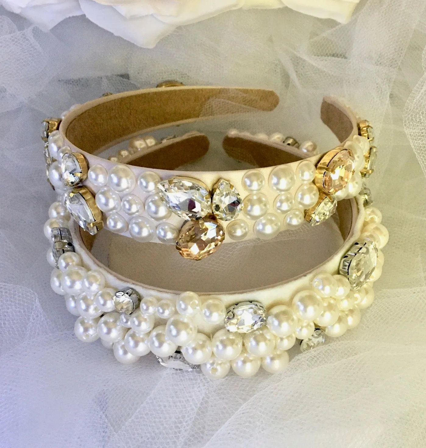 "Karolina" - Pearl and Rhinestone Embellished Bridal Headband - Available in Gold and Silver