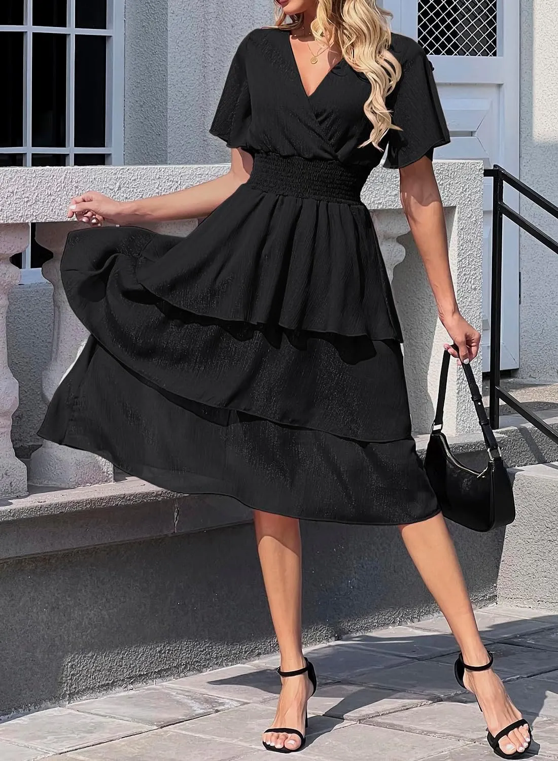 Ruffle Sleeve Wrap V Neck Midi Dresses for Women Causal Summer Smocked Waist Tiered Layered Glitter Chiffon Dress