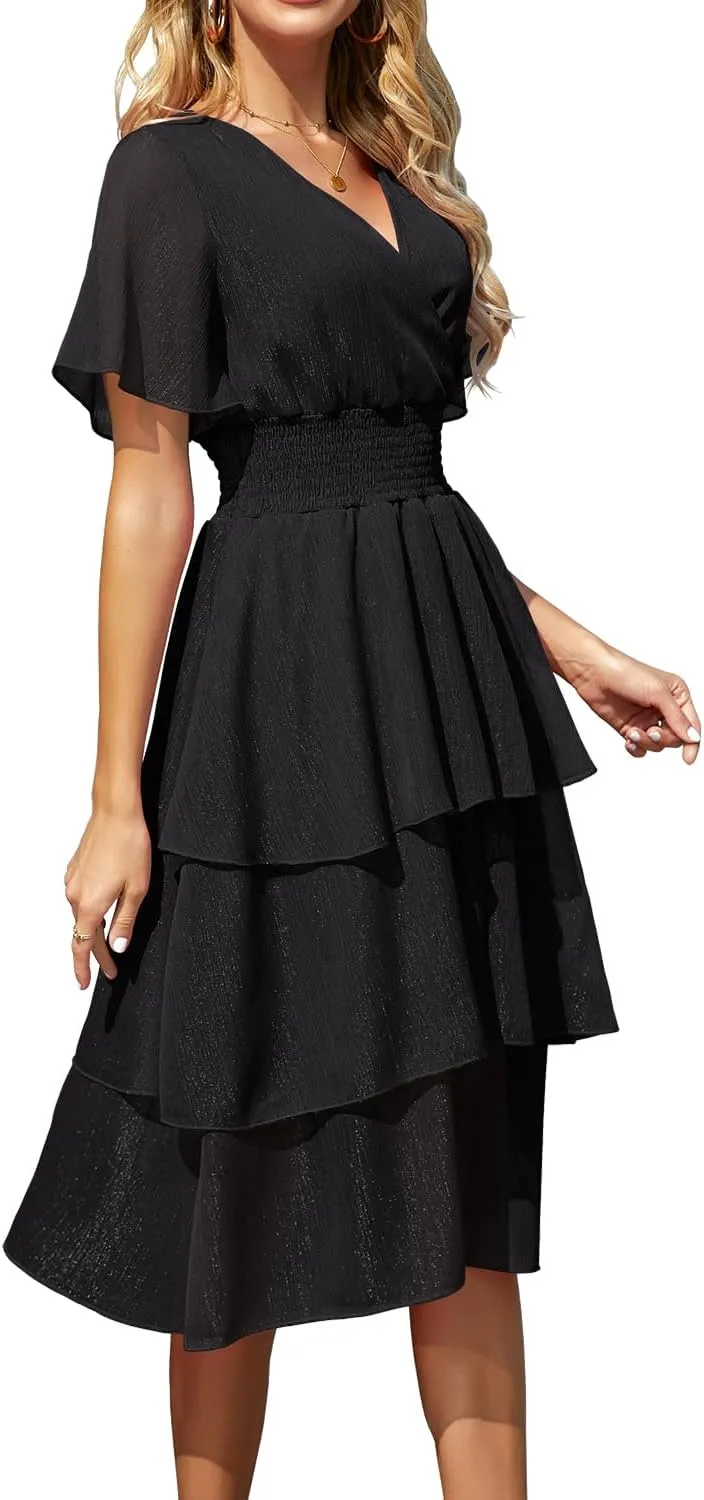 Ruffle Sleeve Wrap V Neck Midi Dresses for Women Causal Summer Smocked Waist Tiered Layered Glitter Chiffon Dress