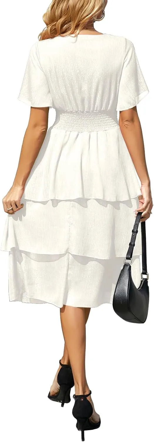 Ruffle Sleeve Wrap V Neck Midi Dresses for Women Causal Summer Smocked Waist Tiered Layered Glitter Chiffon Dress