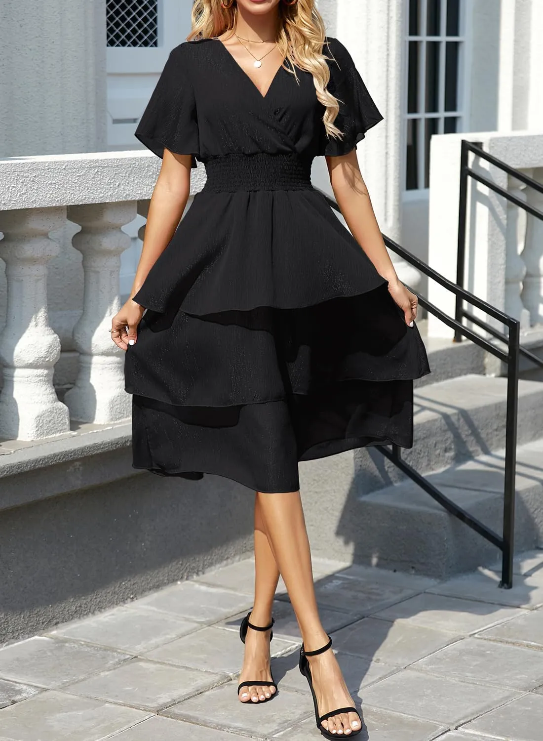 Ruffle Sleeve Wrap V Neck Midi Dresses for Women Causal Summer Smocked Waist Tiered Layered Glitter Chiffon Dress