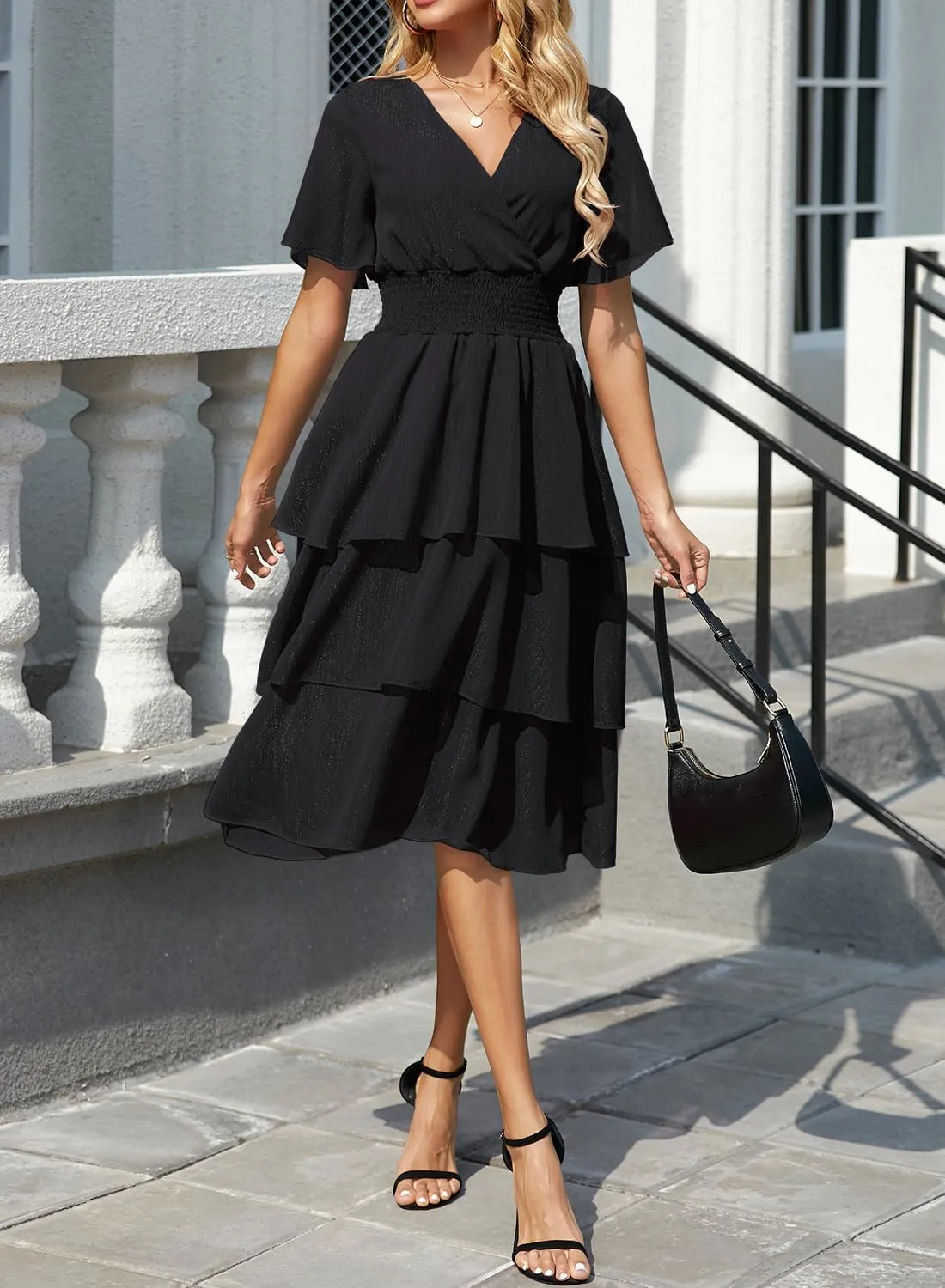 Ruffle Sleeve Wrap V Neck Midi Dresses for Women Causal Summer Smocked Waist Tiered Layered Glitter Chiffon Dress