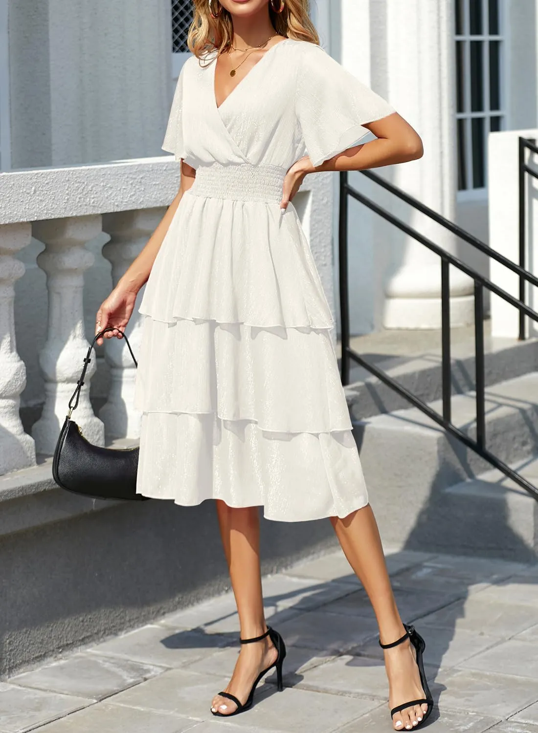 Ruffle Sleeve Wrap V Neck Midi Dresses for Women Causal Summer Smocked Waist Tiered Layered Glitter Chiffon Dress