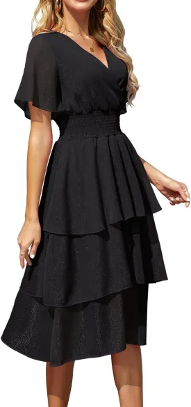 Ruffle Sleeve Wrap V Neck Midi Dresses for Women Causal Summer Smocked Waist Tiered Layered Glitter Chiffon Dress