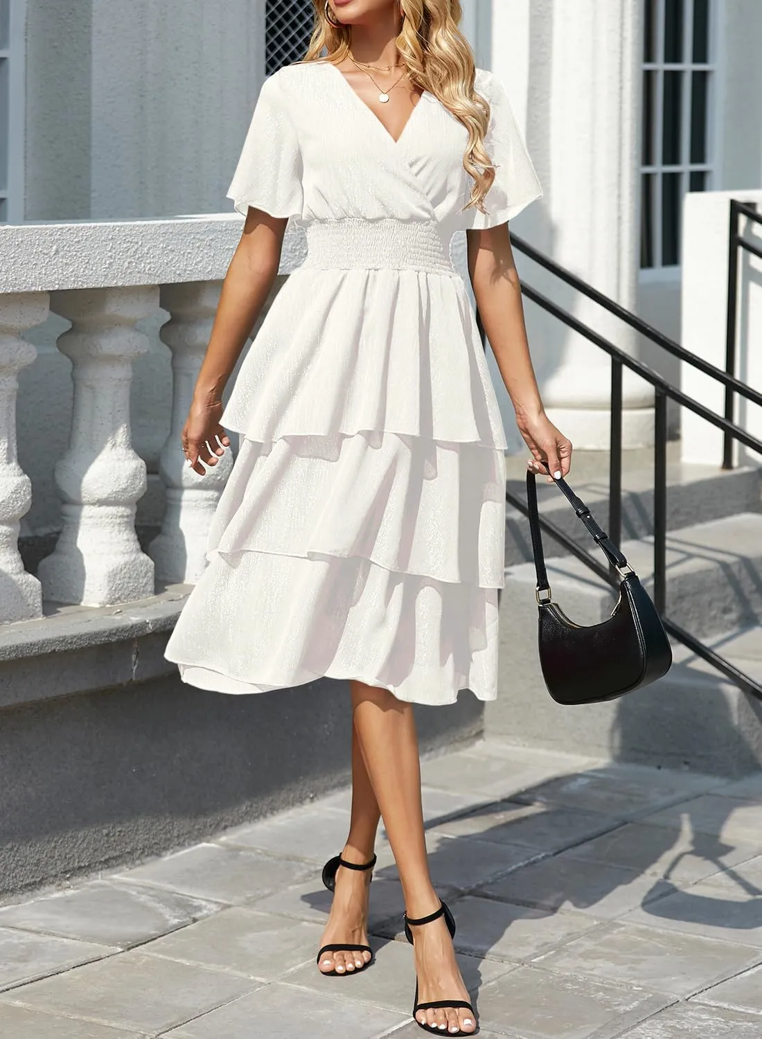 Ruffle Sleeve Wrap V Neck Midi Dresses for Women Causal Summer Smocked Waist Tiered Layered Glitter Chiffon Dress