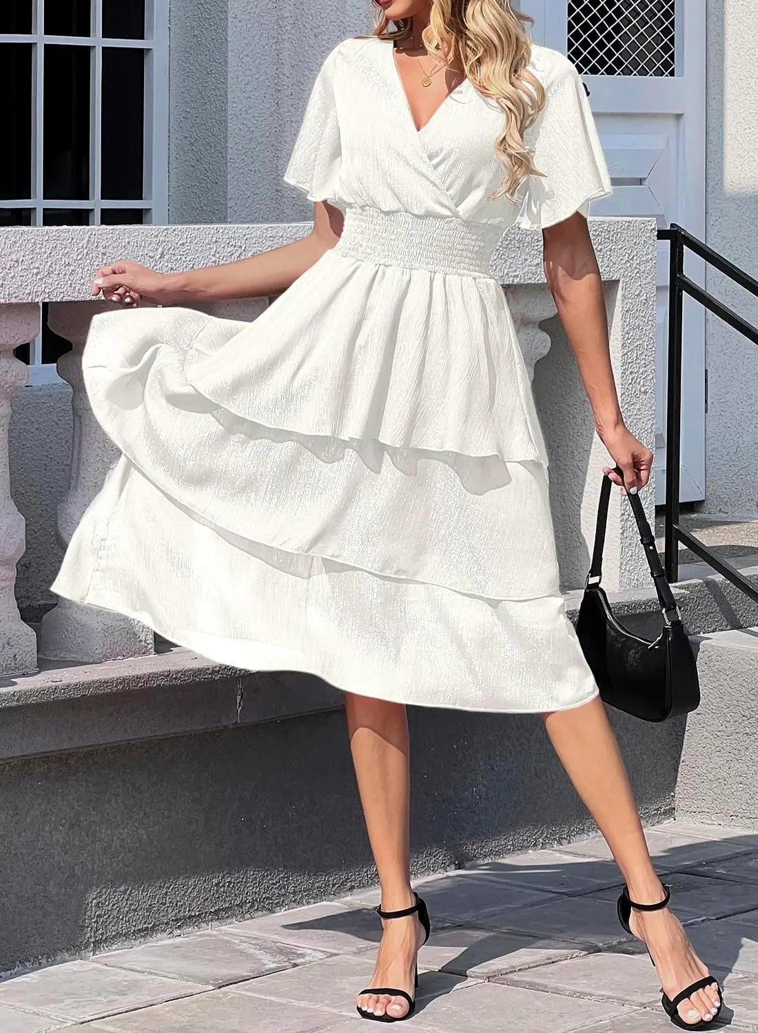 Ruffle Sleeve Wrap V Neck Midi Dresses for Women Causal Summer Smocked Waist Tiered Layered Glitter Chiffon Dress