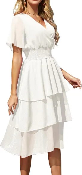 Ruffle Sleeve Wrap V Neck Midi Dresses for Women Causal Summer Smocked Waist Tiered Layered Glitter Chiffon Dress