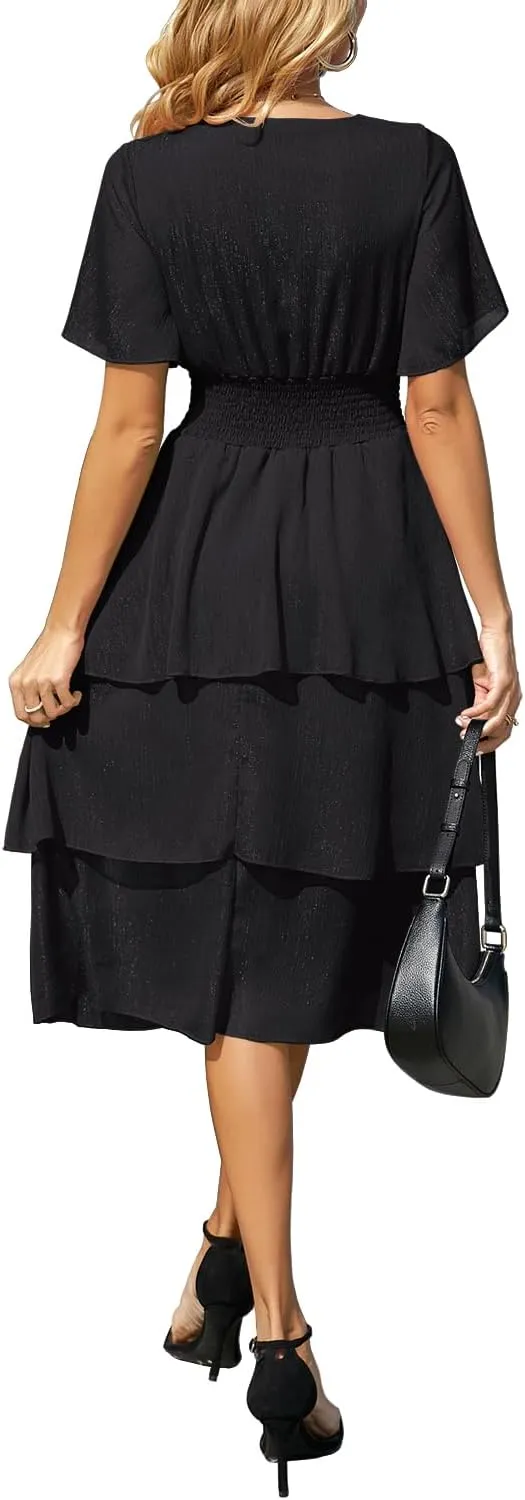 Ruffle Sleeve Wrap V Neck Midi Dresses for Women Causal Summer Smocked Waist Tiered Layered Glitter Chiffon Dress