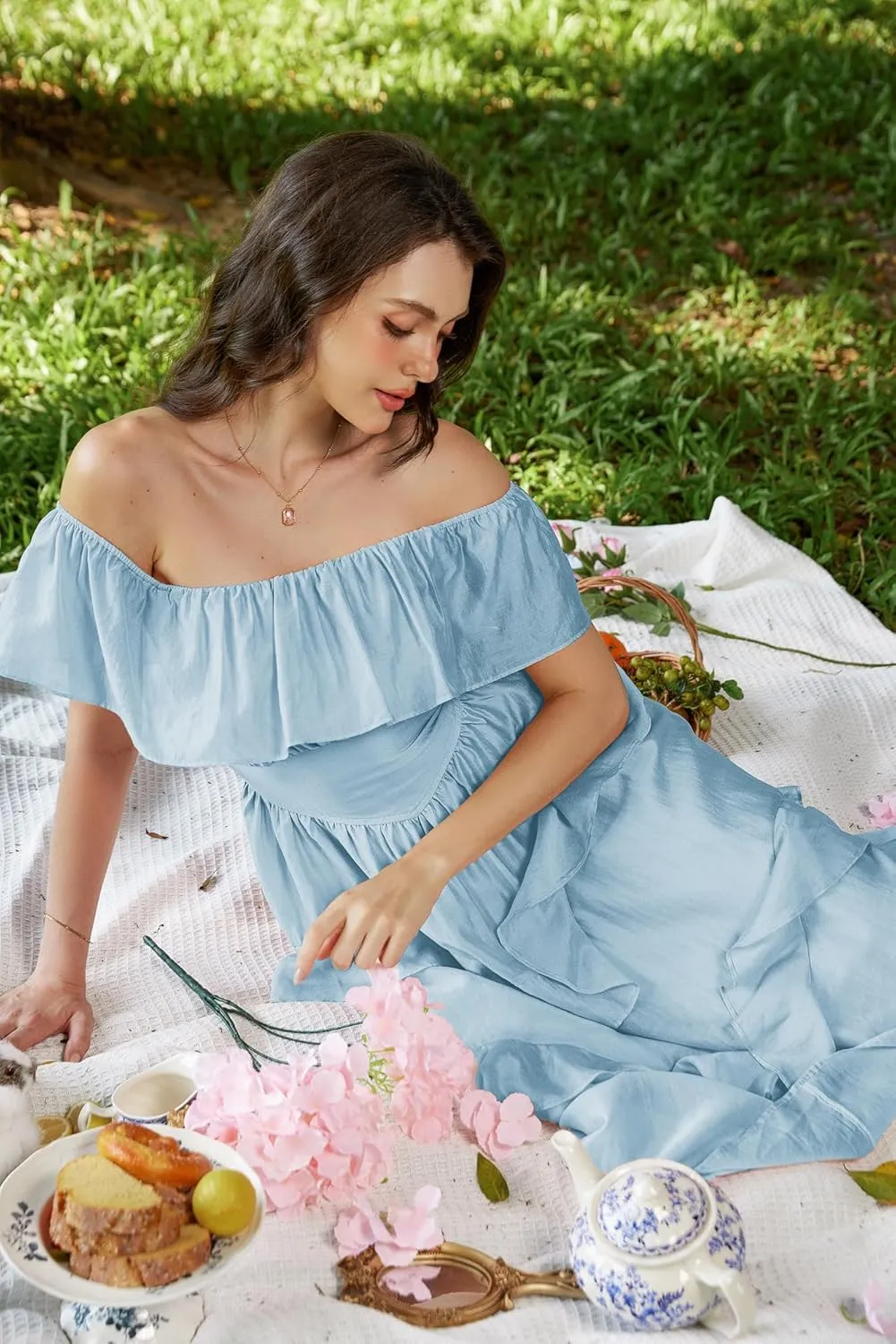 Scarlet Darkness Off Shoulder Dresses for Women Corset Dress Ruffle Summer Wedding Guest Dress with Pockets