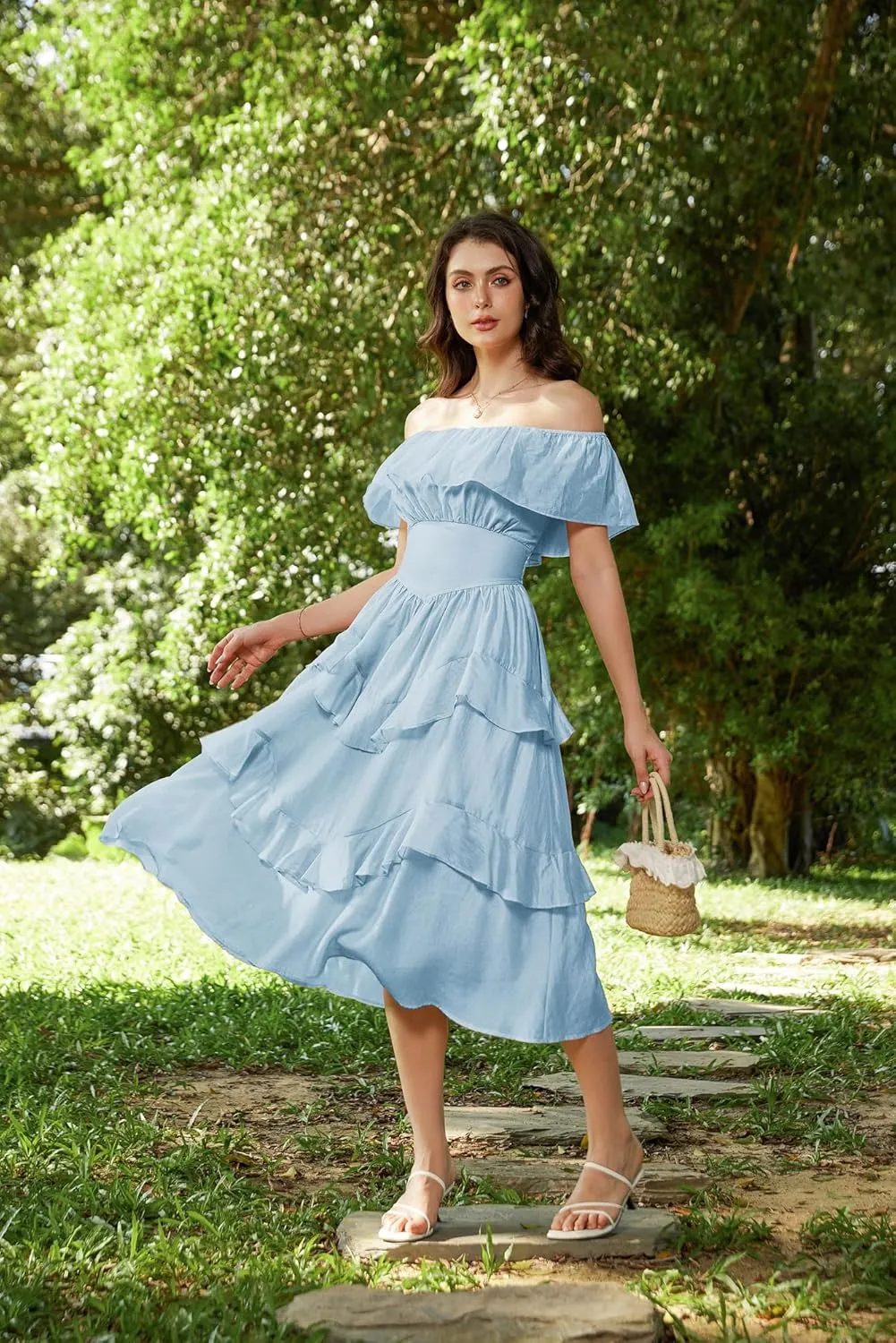 Scarlet Darkness Off Shoulder Dresses for Women Corset Dress Ruffle Summer Wedding Guest Dress with Pockets
