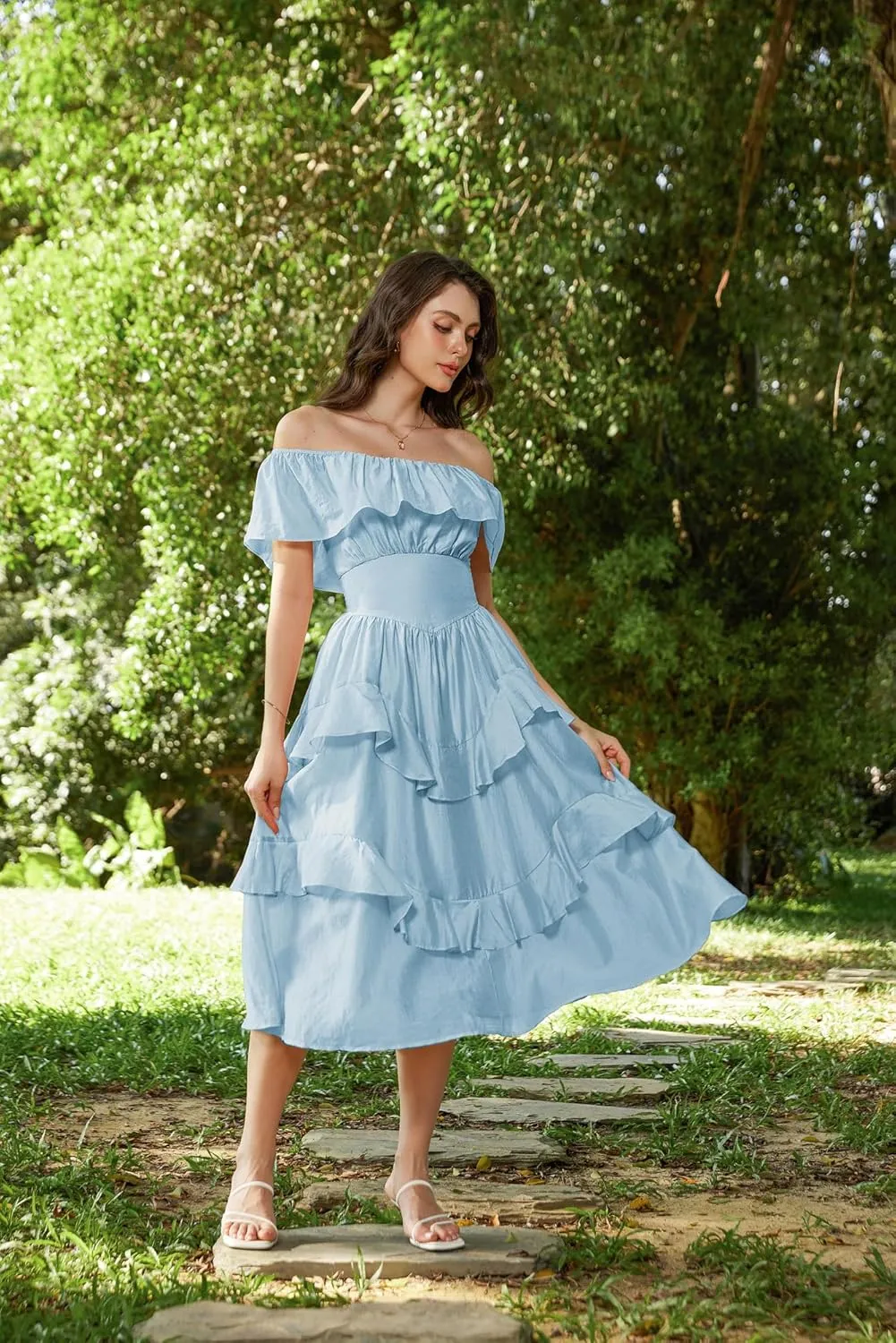 Scarlet Darkness Off Shoulder Dresses for Women Corset Dress Ruffle Summer Wedding Guest Dress with Pockets