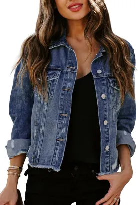 Sidefeel Women's Denim Jacket Long Sleeve Button Distressed Ripped Zimbaplatinum Jean Coat
