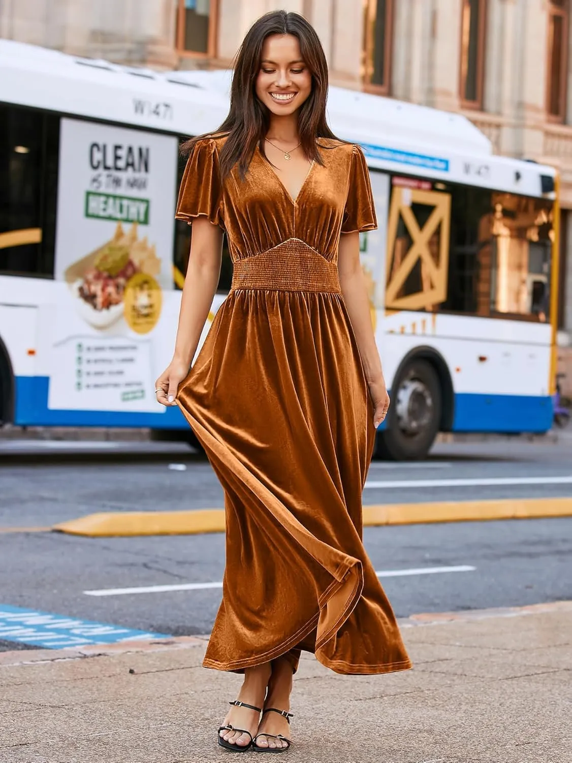 Simplee Women's Short Sleeve Velvet Maxi Dress V Neck Empire Waist Long Formal Wedding Guest Dresses