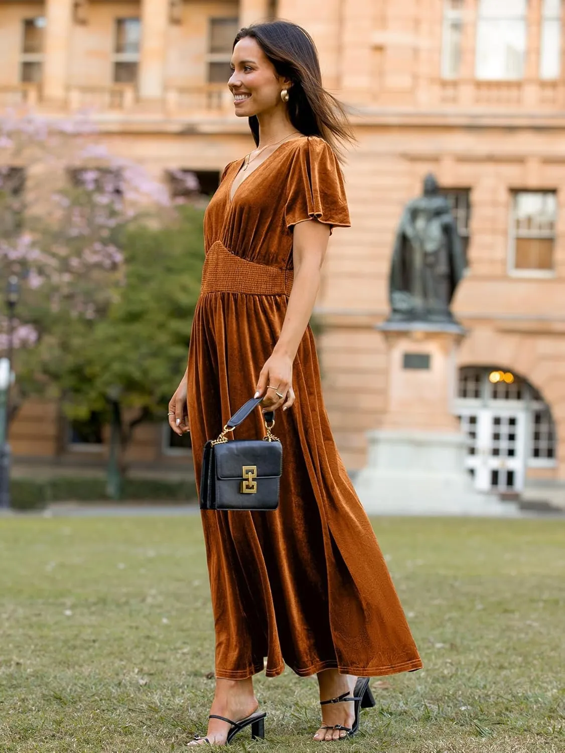 Simplee Women's Short Sleeve Velvet Maxi Dress V Neck Empire Waist Long Formal Wedding Guest Dresses