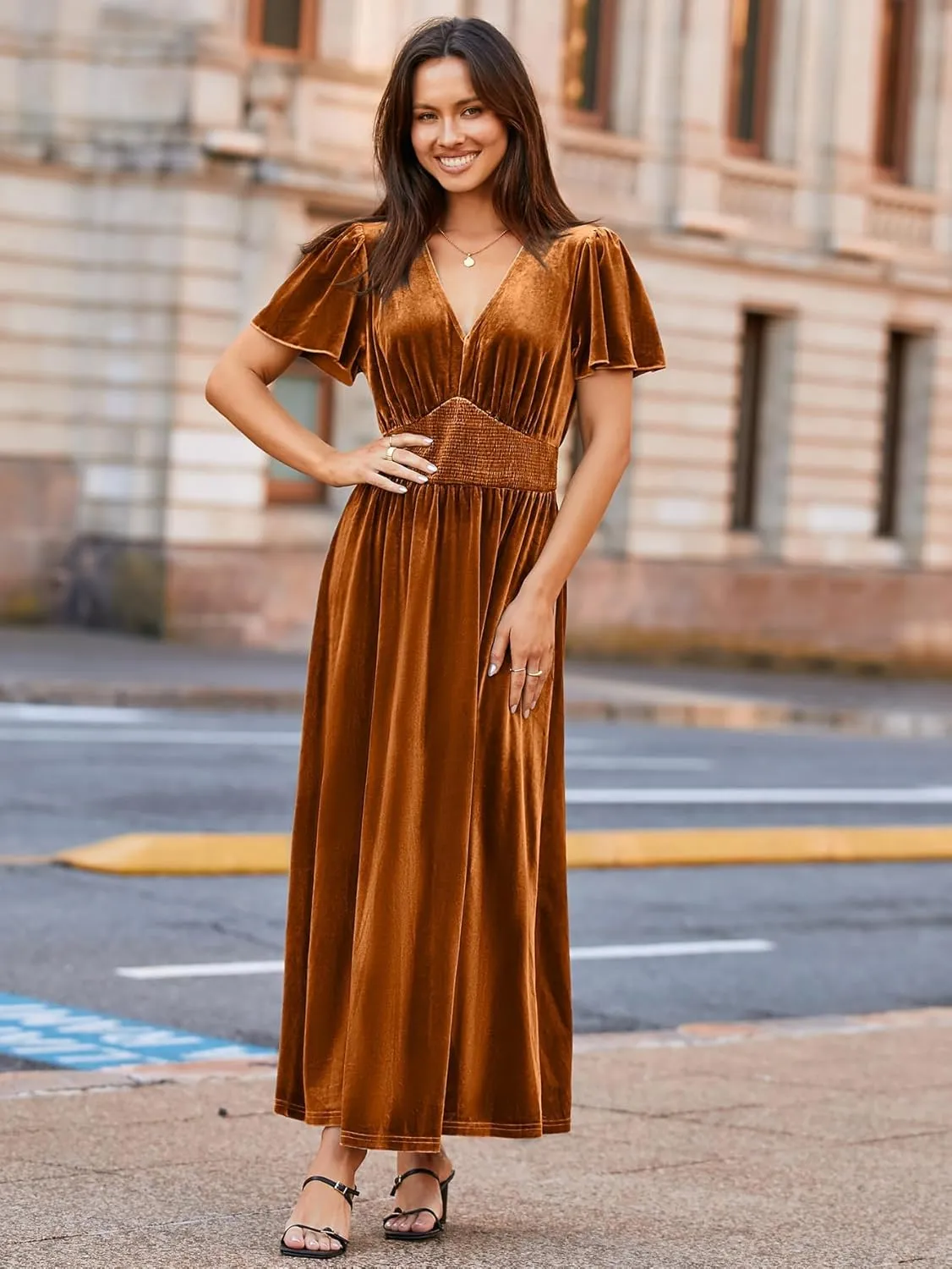Simplee Women's Short Sleeve Velvet Maxi Dress V Neck Empire Waist Long Formal Wedding Guest Dresses