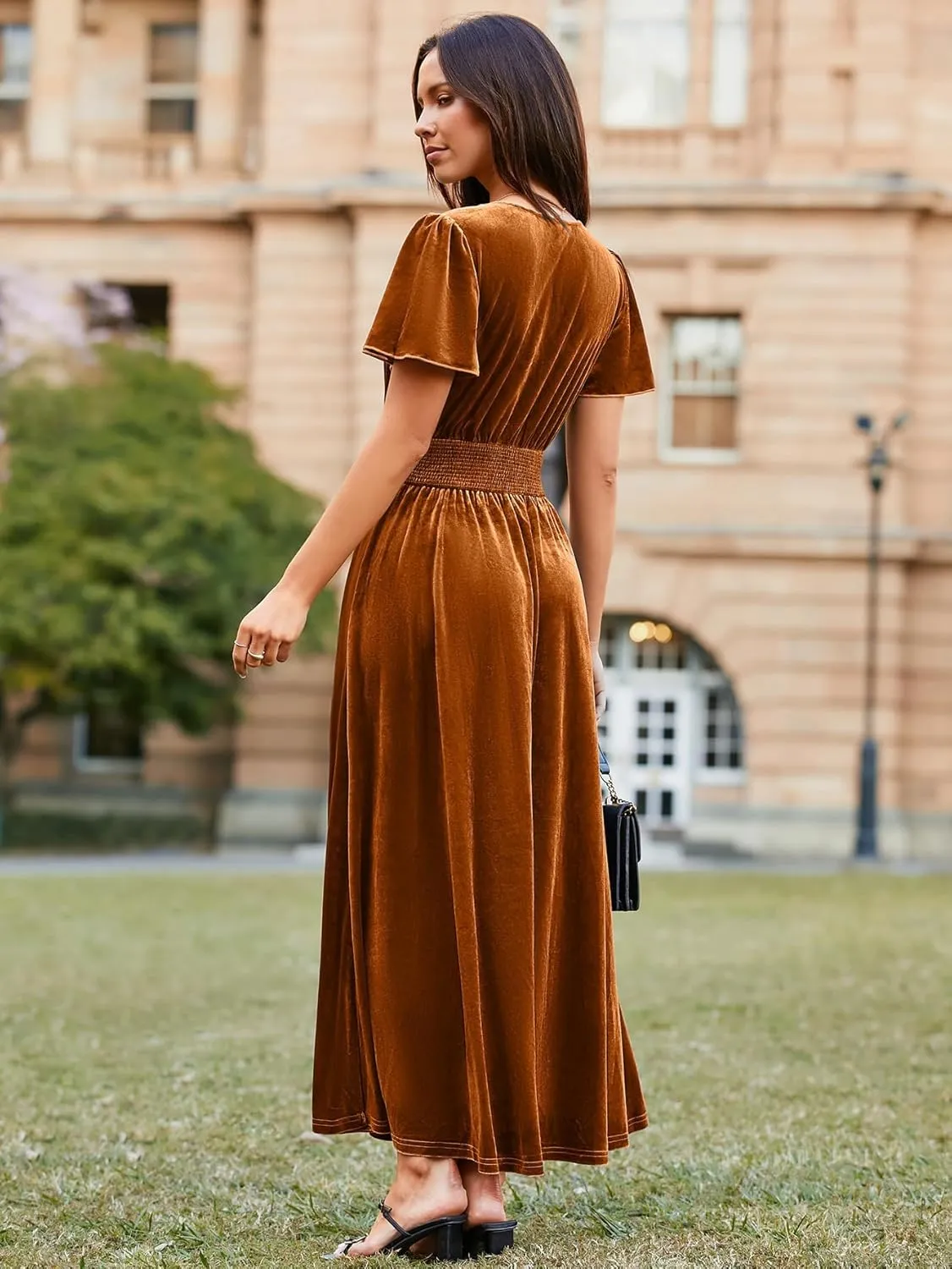 Simplee Women's Short Sleeve Velvet Maxi Dress V Neck Empire Waist Long Formal Wedding Guest Dresses