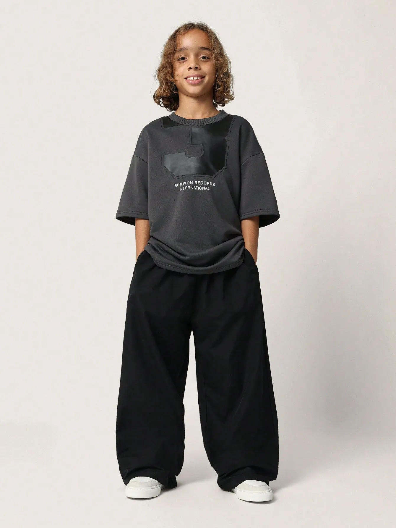 Tween Boys Oversized Graphic Print Tee And Wide Leg Nylon Jogger 2 Piece Set