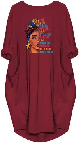 WbJetr Black Woman Beautiful Magic Printed Loose Pocket Oversize Tunic T-Shirt Dress