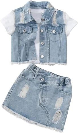 WDIRARA Girl's 2 Piece Outfit Ripped Raw Hem Denim Jacket and Mini Skirt Set