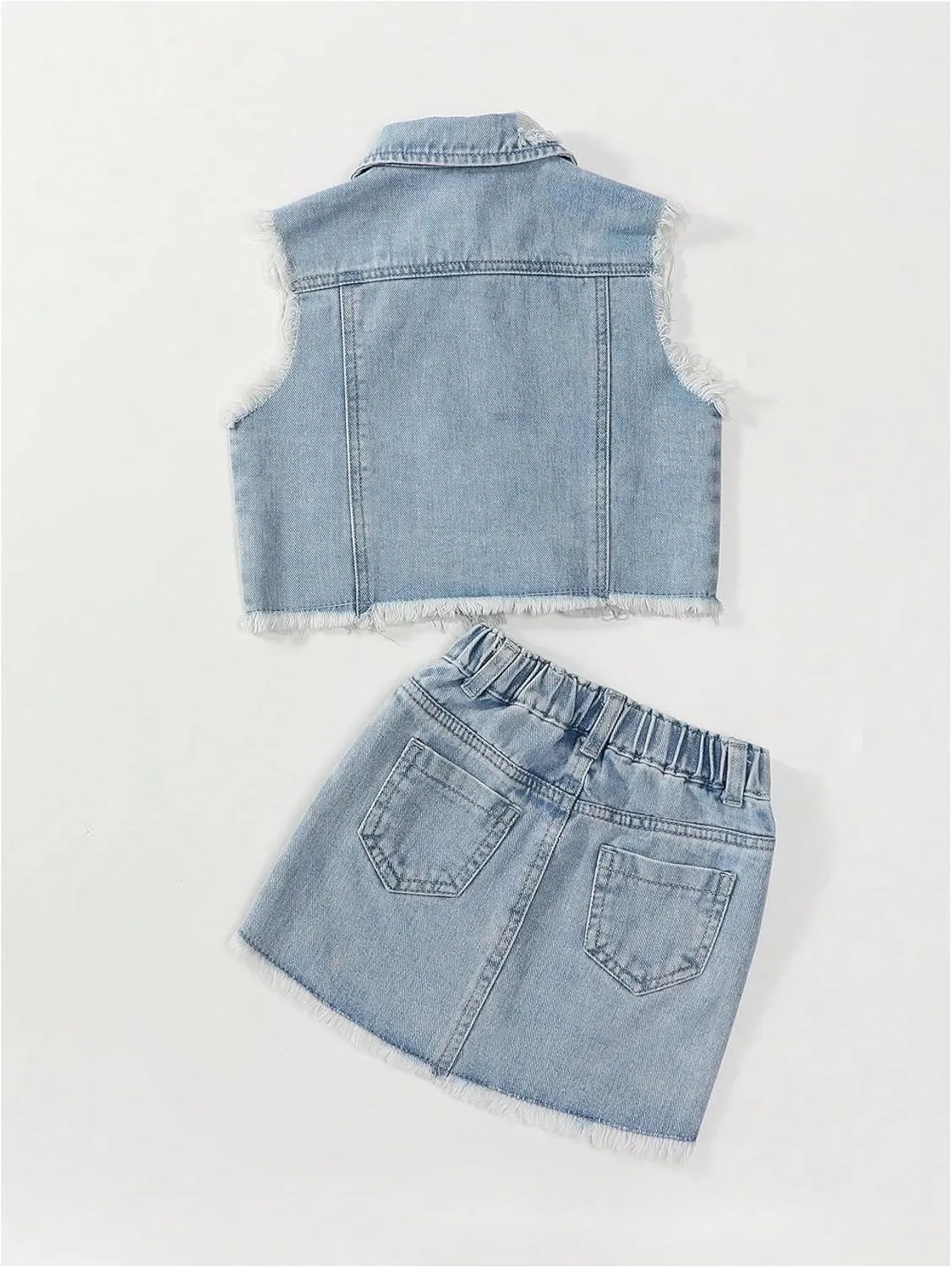 WDIRARA Girl's 2 Piece Outfit Ripped Raw Hem Denim Jacket and Mini Skirt Set
